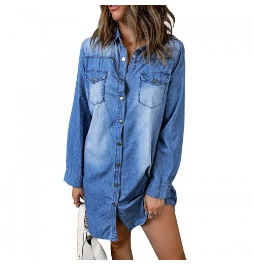 Spring Street Wear Pocket Long Sleeve Turn-down Collar Simple Jeans Women Casual Denim Jeans Dresses Spring Street Wear Pocket Long Sleeve Turn-down Collar Simple Jeans Women Casual Denim Jeans Dresses