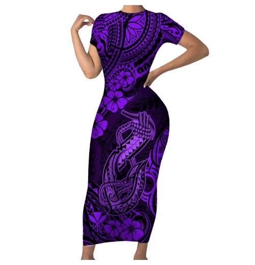 Custom Clothing Women's Hibiscus Flower and Hook Print Purple Hawaii Dresses Causal Custom Clothing Women's Hibiscus Flower and Hook Print Purple Hawaii Dresses Causal